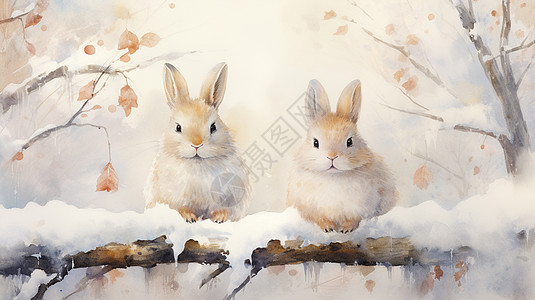 冬天雪后在树干旁两只可爱的卡通小灰兔图片