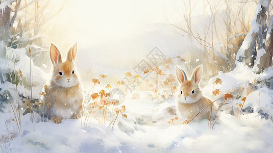 两只可爱的卡通小灰兔在雪地中背景图片