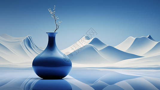 在湖面上的蓝色调古风花瓶仿古文物背景图片