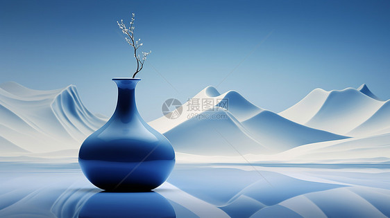 在湖面上的蓝色调古风花瓶仿古文物图片