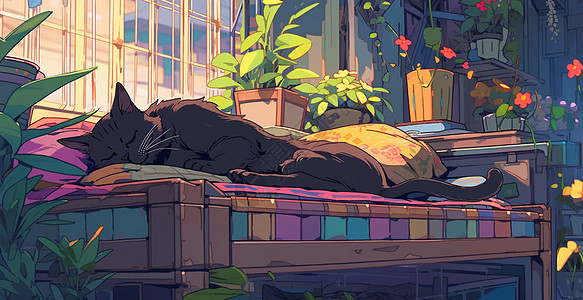 躺在沙发上睡觉的卡通大黑猫背景图片