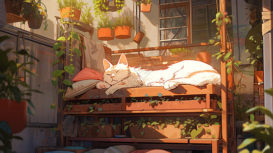 在房间睡在柜子上晒太阳的卡通大白猫插画