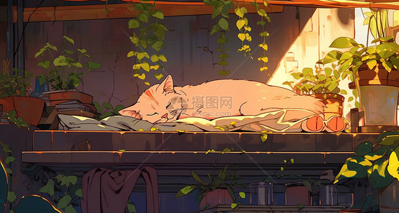 趴在木板上睡觉的可爱卡通小猫图片