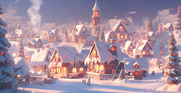 圣诞节雪后美丽的卡通小村庄图片