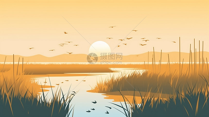 飞鸟与美丽的落日卡通风景图片