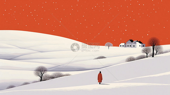 漫天飘雪的天空下一个小小的卡通人物剪影走向远处的房子图片
