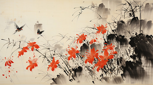 山坡上盛开的红色花朵水墨画背景图片