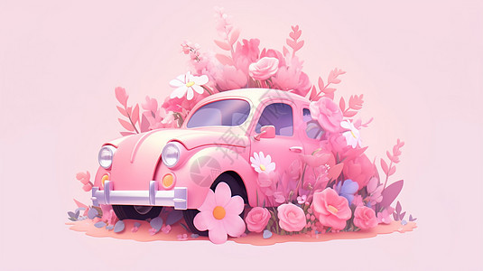 被粉色花朵包围的立体可爱淡粉色卡通汽车图片