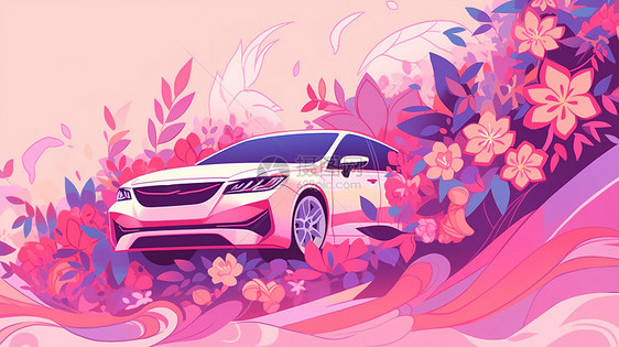 可爱的粉色卡通汽车在花丛中图片