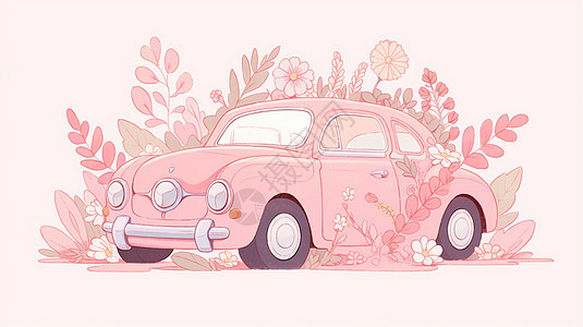 在花丛中的小清新淡粉色卡通汽车图片