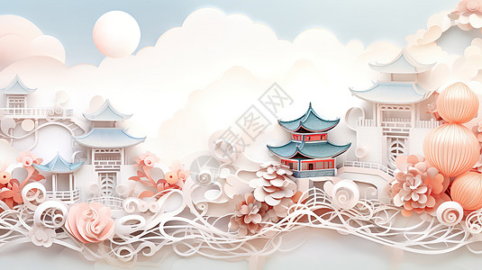 剪纸风中国建筑插画图片