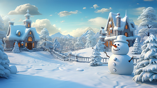 雪圣诞冬天被雪覆盖的小镇插画