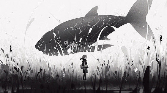 站在草地上的卡通小女孩与大鱼黑白卡通插画图片