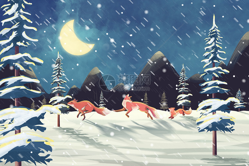 月光下奔跑的狐狸一家插画图片下载-正版图片402537933-摄图网