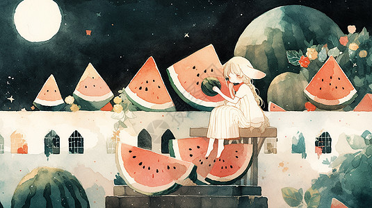 夜晚月下坐在板凳上吃瓜的可爱卡通小女孩图片