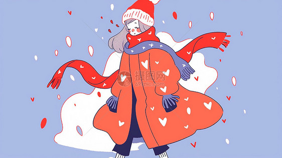冬天围着长长的围巾在走路的卡通小女孩图片