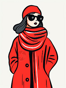 白色背景上穿着红色外套戴着墨镜的简约风卡通女人图片