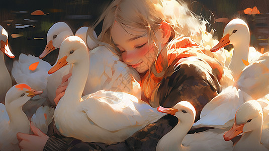 抱着一堆小黄鸭的可爱卡通小女孩，抱着大白鹅的金色长发卡通小女孩，在水中与小鸭子们一起嬉戏的卡通小女孩，戴着帽子抱着大白鹅的小清新图片