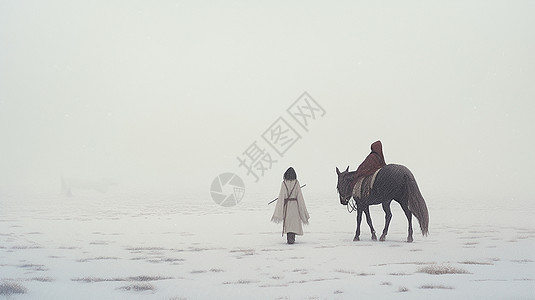 大雪中走路的两个卡通古风人物剪影背景图片