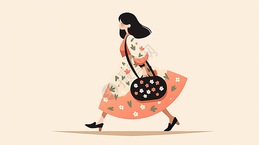 穿着花裙子拎着包大步走路的卡通女孩背景图片