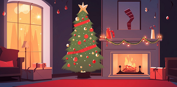 房间内壁炉旁放着一棵漂亮的卡通圣诞树图片