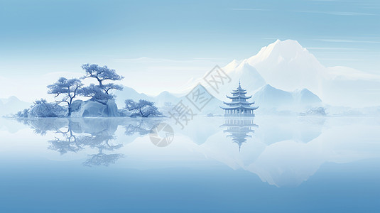 梦幻湖蓝色调湖中心一座唯美的古风建筑插画