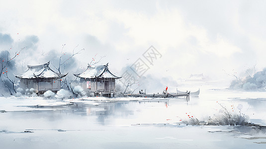 春节房子冬天雪中湖边几座卡通小房子唯美水墨卡通风景插画