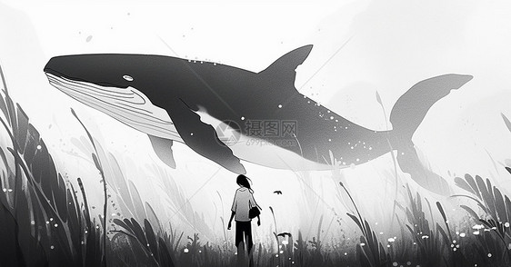 小小的卡通女孩与飞在草地上空的大鱼梦幻黑白插画图片