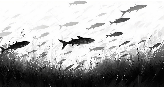 飞在草地上空的卡通鱼群图片