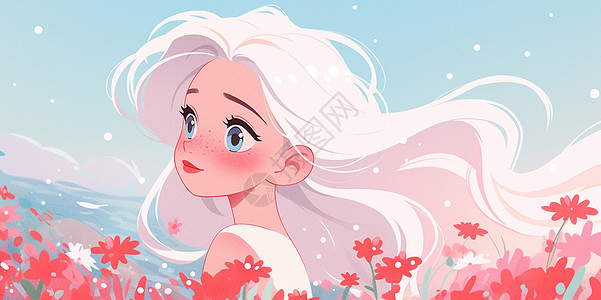 白色长发漂亮的卡通小公主站在花丛中图片