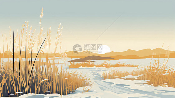 冬天唯美落日湖边枯草芦苇卡通风景图片