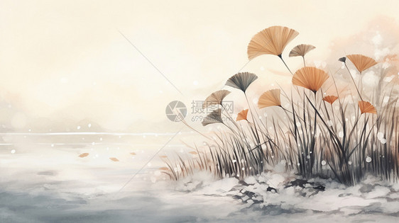 雪中湖畔凄凉的卡通植物唯美水墨风景插画图片