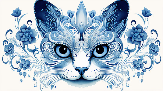 蓝色调卡通猫图案复古装饰画图片