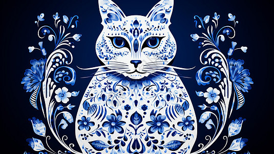 深蓝色背景上一只抽象卡通猫背景图片