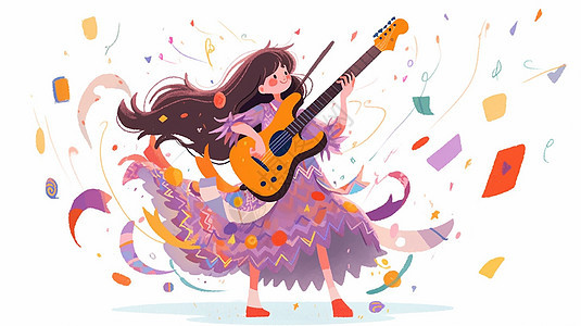出在哪和紫色裙子开心弹奏吉他的卡通小女孩图片