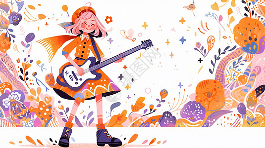 抱着吉他开心演奏乐器的卡通小女孩图片