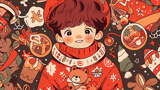 圣诞主题穿着红色毛衣微笑的可爱卡通小男孩背景图片