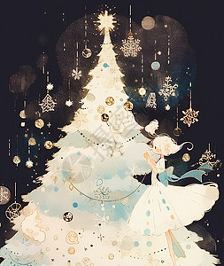 夜晚站在圣诞树旁小清新可爱的卡通小女孩图片