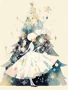 穿着公主裙漂亮的卡通小女孩站在圣诞树旁图片