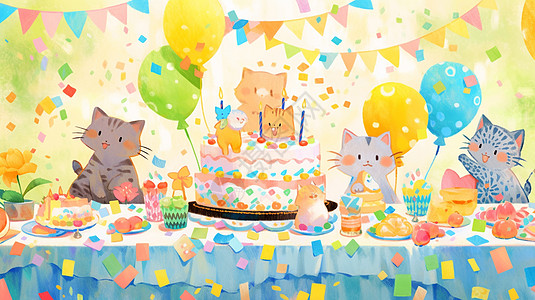 参加生日派对的可爱卡通小猫们图片