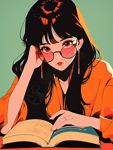 戴着橙色墨镜看书的黑色长发卡通女孩图片