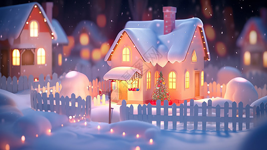 夜晚大雪中亮着灯温馨的卡通小屋图片