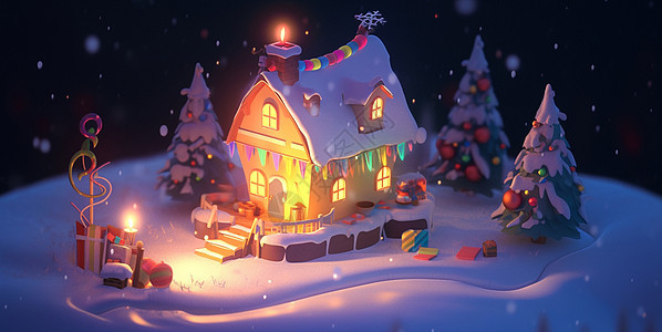 夜晚山坡上亮着灯温馨的卡通圣诞屋与圣诞树背景图片
