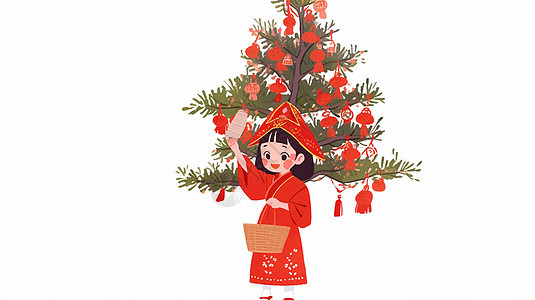站在挂满红色灯笼树下的穿红色衣服开心笑的可爱卡通小女孩图片