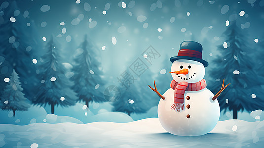 冬天大雪中可爱雪人插画图片