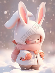 站在雪地中戴着粉色围巾可爱的卡通小兔子图片