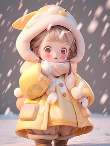 雪中人物萌萌可爱的卡通小女孩穿着厚厚的黄色大衣插画