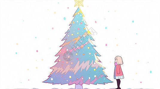 站在高大彩色圣诞树下可爱的卡通小女孩背景图片