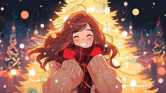 圣诞节活动背景戴着红色手套站在圣诞树前开心笑的可爱卡通小女孩插画