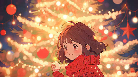 圣诞节手拿蜡烛穿红色毛衣站在圣诞树前可爱的卡通小女孩背景图片